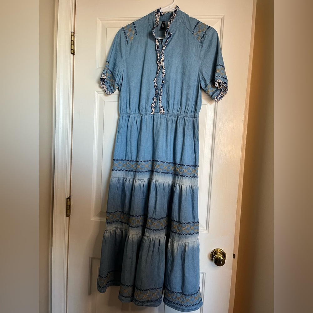 Lapis Embroidered Denim Dress Size M Petite